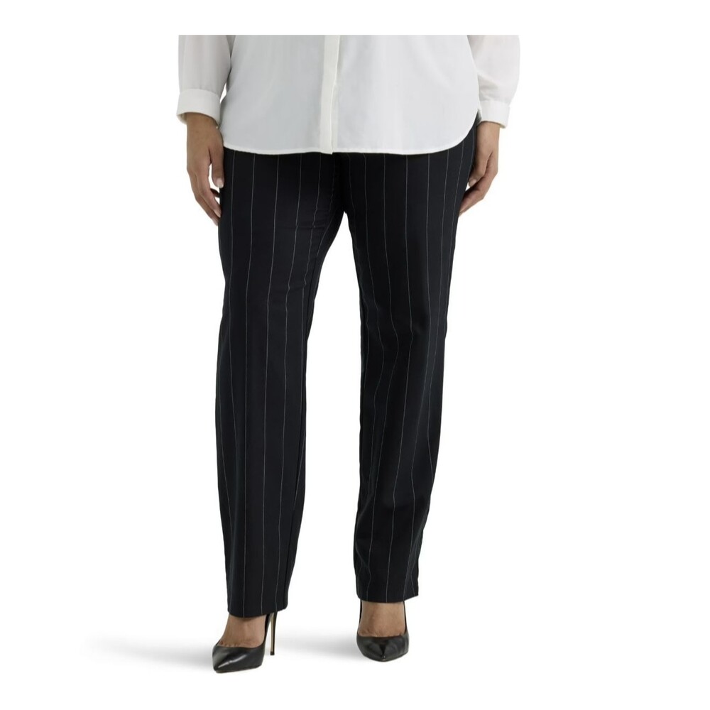 New Lee Pinstripe Wrinkle-Free Relaxed Fit Straight Leg Black Pants sz 26 Petite